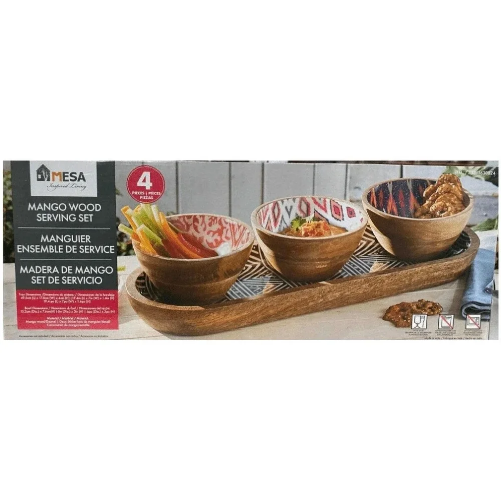 MESA Mango Wood Serving Set 4 Piece Ikat‎ Geometric Patterns Tray & 3 Bowls NEW